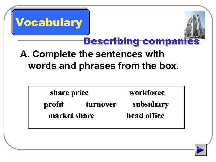 Vocabulary Describing companies A. Complete the sentences with words and phrases from the box.