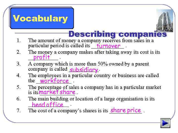 Vocabulary 1. 2. 3. 4. 5. 6. 7. Describing companies The amount of money