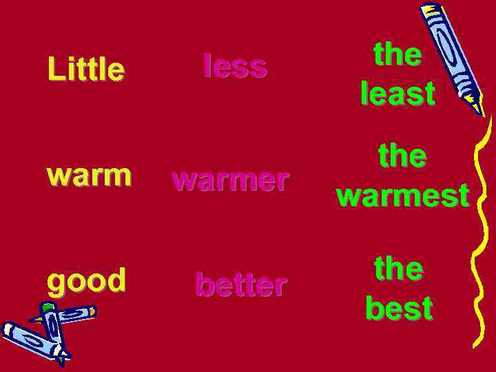 Little warm good less the least warmer the warmest better the best 