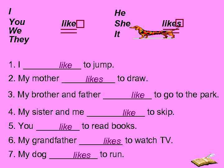 I You We They like He She It likes 1. I ______ to jump.