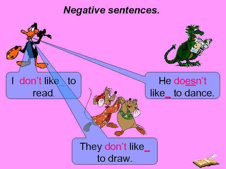 Negative sentences. I don’t like_ to read. He doesn’t like_ to dance. They don’t