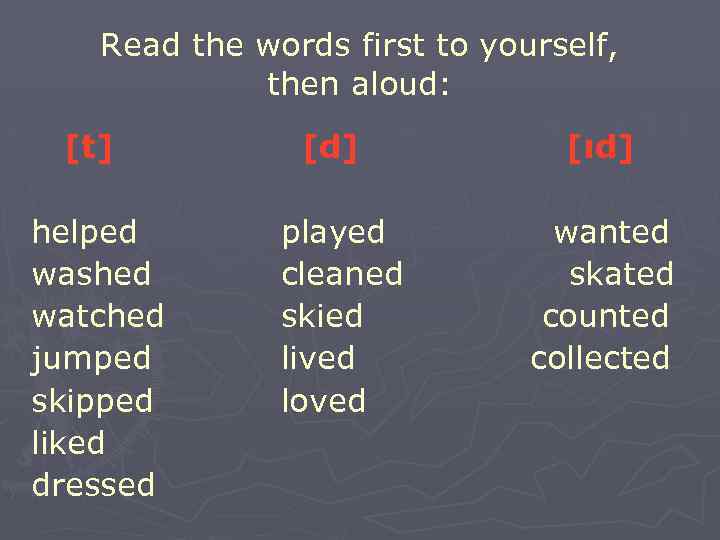 Read the words first to yourself, then aloud: [t] helped washed watched jumped skipped