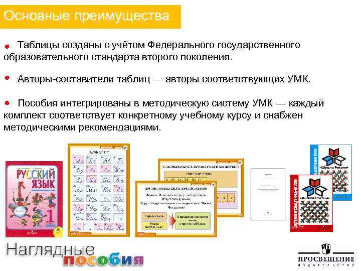 Основные преимущества Таблицы созданы с учётом Федерального государственного образовательного стандарта второго поколения. Авторы-составители таблиц