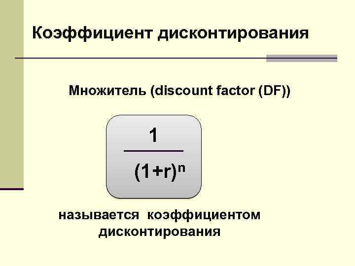 Коэффициент дисконтирования Множитель (discount factor (DF)) 1 (1+r)n называется коэффициентом дисконтирования 