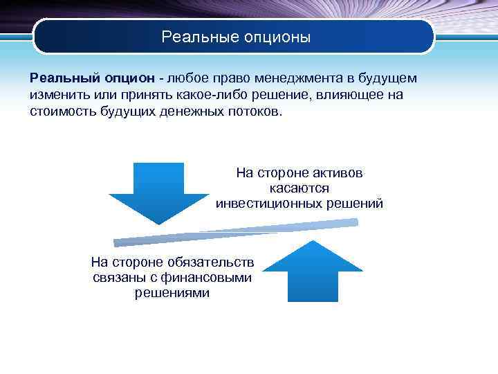 Реальные опционы Реальный опцион - любое право менеджмента в будущем изменить или принять какое-либо