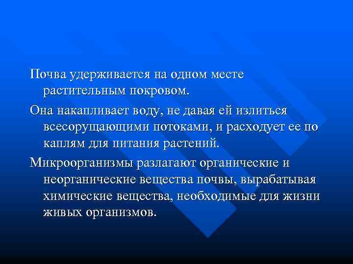 Почва удерживается на одном месте растительным покровом. Она накапливает воду, не давая ей излиться