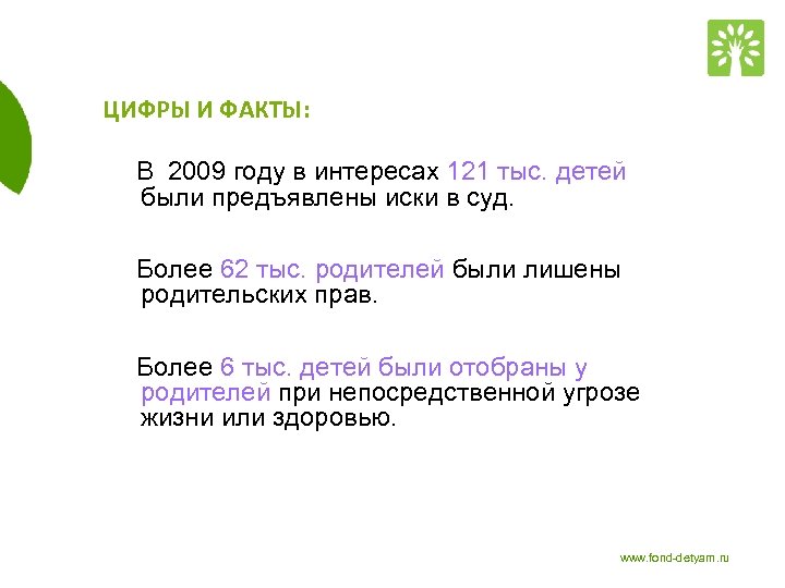 ЦИФРЫ И ФАКТЫ: В 2009 году в интересах 121 тыс. детей были предъявлены иски