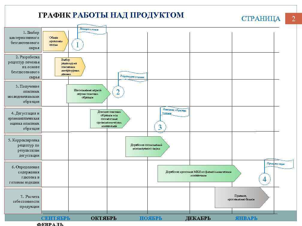 ГРАФИК РАБОТЫ НАД ПРОДУКТОМ 1. Выбор альтернативного безглютенового сырья 2. Разработка рецептур печенья на