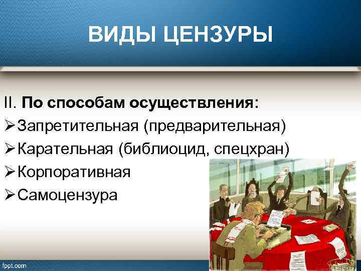 ВИДЫ ЦЕНЗУРЫ II. По способам осуществления: Ø Запретительная (предварительная) Ø Карательная (библиоцид, спецхран) Ø