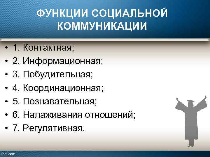 ФУНКЦИИ СОЦИАЛЬНОЙ КОММУНИКАЦИИ • • 1. Контактная; 2. Информационная; 3. Побудительная; 4. Координационная; 5.