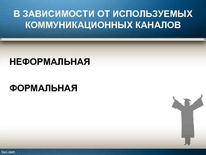 В ЗАВИСИМОСТИ ОТ ИСПОЛЬЗУЕМЫХ КОММУНИКАЦИОННЫХ КАНАЛОВ НЕФОРМАЛЬНАЯ 