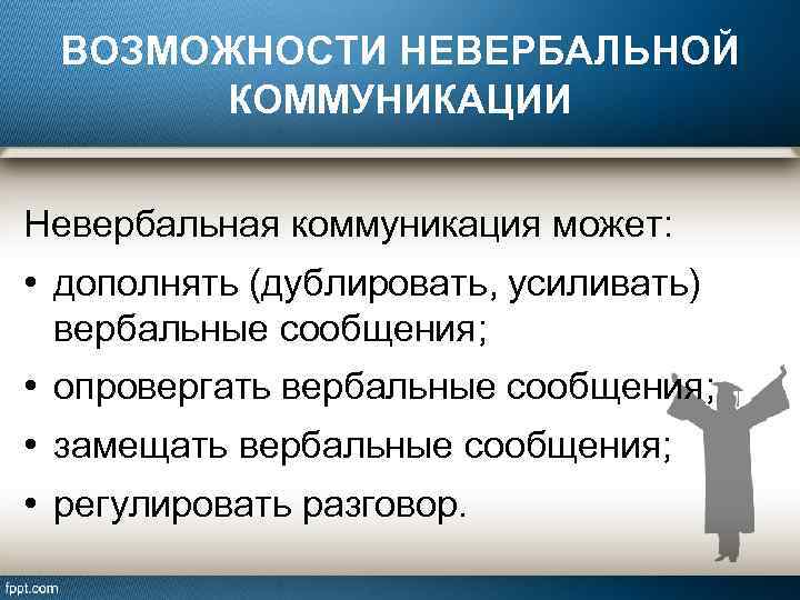 ВОЗМОЖНОСТИ НЕВЕРБАЛЬНОЙ КОММУНИКАЦИИ Невербальная коммуникация может: • дополнять (дублировать, усиливать) вербальные сообщения; • опровергать