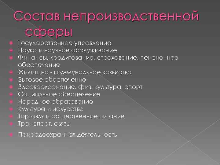 Состав непроизводственной сферы Государственное управление Наука и научное обслуживание Финансы, кредитование, страхование, пенсионное обеспечение