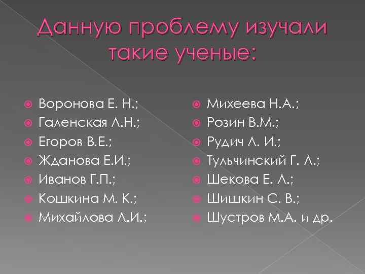 Данную проблему изучали такие ученые: Воронова Е. Н. ; Галенская Л. Н. ; Егоров