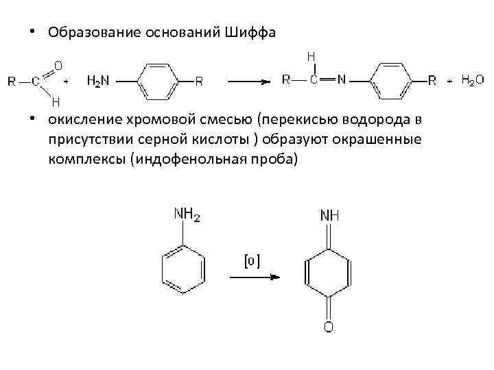  • Образование оснований Шиффа • окисление хромовой смесью (перекисью водорода в присутствии серной