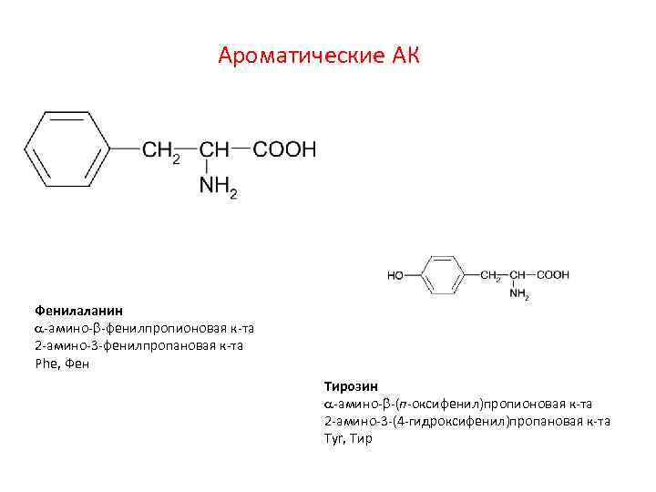 Ароматические АК Фенилаланин a-амино-b-фенилпропионовая к-та 2 -амино-3 -фенилпропановая к-та Phe, Фен Тирозин a-амино-b-(п-оксифенил)пропионовая к-та