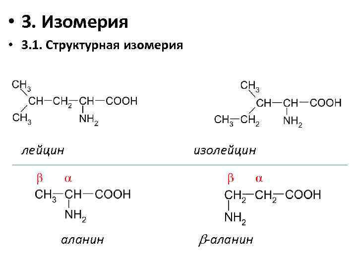  • 3. Изомерия • 3. 1. Структурная изомерия лейцин аланин изолейцин b-аланин 