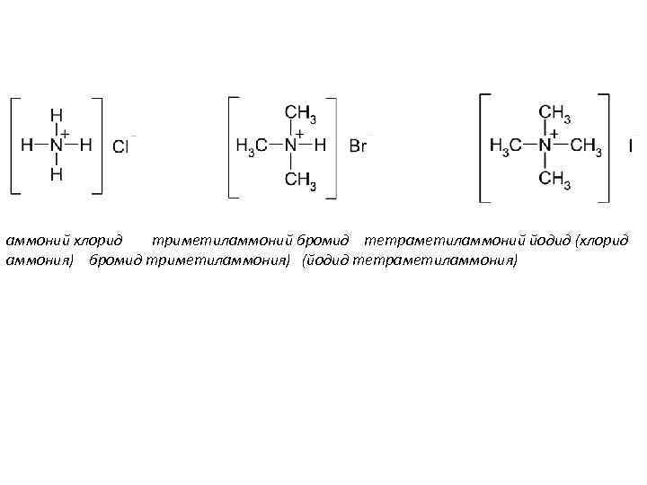 аммоний хлорид триметиламмоний бромид тетраметиламмоний йодид (хлорид аммония) бромид триметиламмония) (йодид тетраметиламмония) 