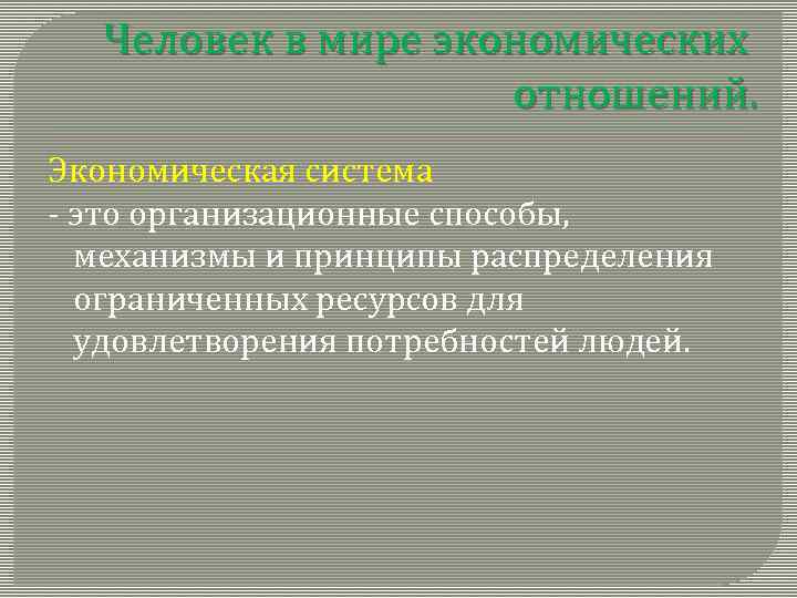 Человек в мире экономических отношений. Экономическая система - это организационные способы, механизмы и принципы