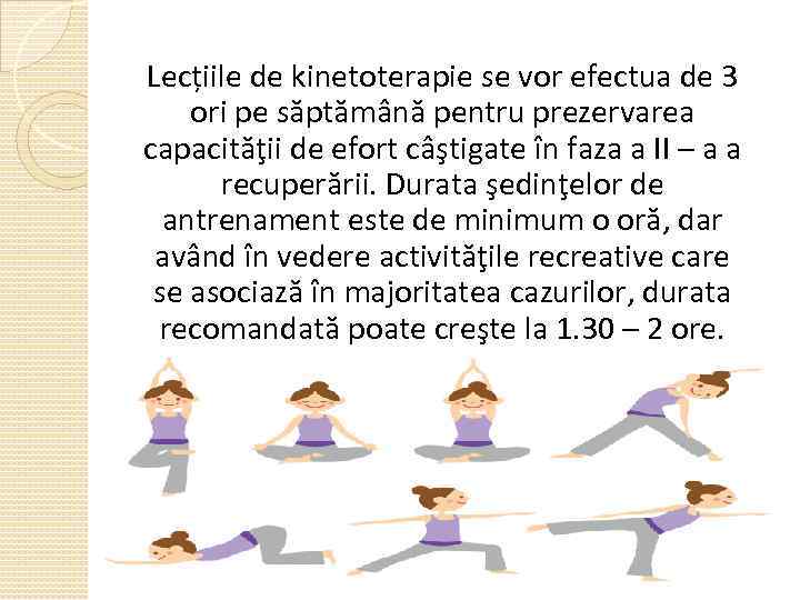 Lecțiile de kinetoterapie se vor efectua de 3 ori pe săptămână pentru prezervarea capacităţii