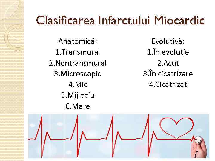 Clasificarea Infarctului Miocardic Anatomică: 1. Transmural 2. Nontransmural 3. Microscopic 4. Mic 5. Mijlociu