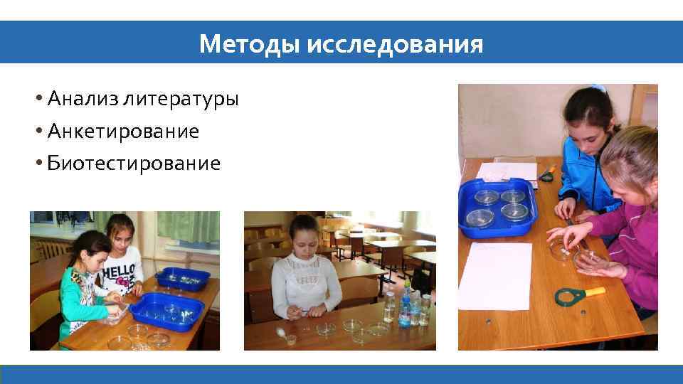 Методы исследования • Анализ литературы • Анкетирование • Биотестирование 