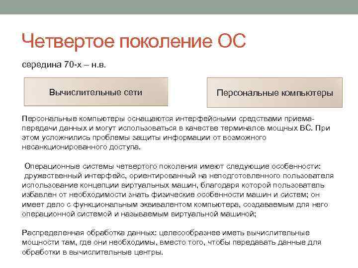 Четвертое поколение ОС середина 70 -х – н. в. Вычислительные сети Персональные компьютеры оснащаются