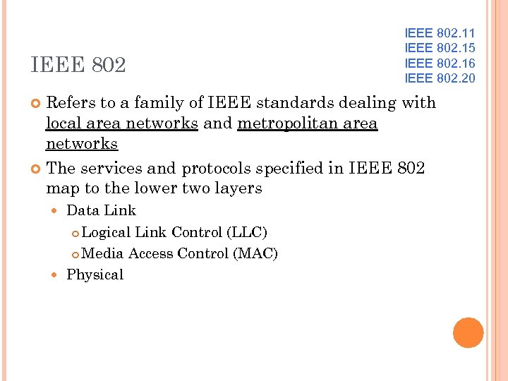 IEEE 802. 11 IEEE 802. 15 IEEE 802. 16 IEEE 802. 20 Refers to