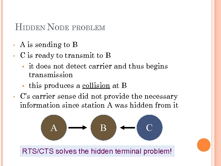 HIDDEN NODE PROBLEM • • • A is sending to B C is ready