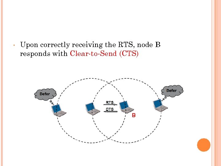  • Upon correctly receiving the RTS, node B responds with Clear-to-Send (CTS) B