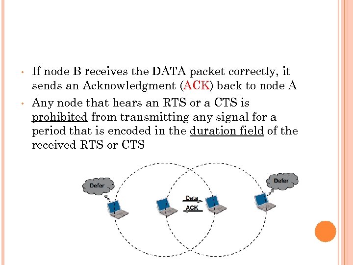  • • If node B receives the DATA packet correctly, it sends an