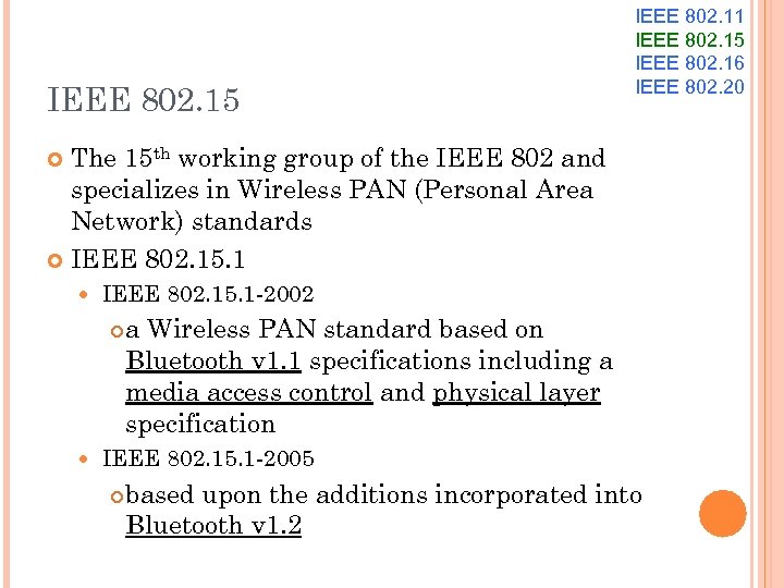 IEEE 802. 15 IEEE 802. 11 IEEE 802. 15 IEEE 802. 16 IEEE 802.