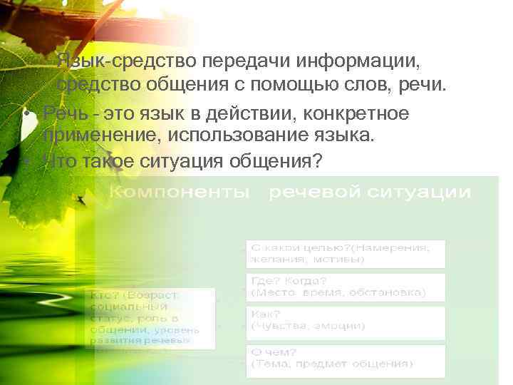 Язык-средство передачи информации, средство общения с помощью слов, речи. • Речь – это язык