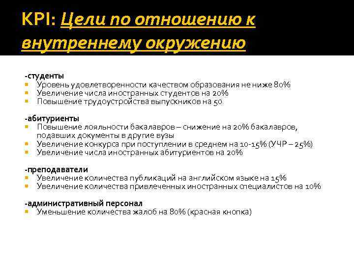 KPI: Цели по отношению к внутреннему окружению -студенты Уровень удовлетворенности качеством образования не ниже