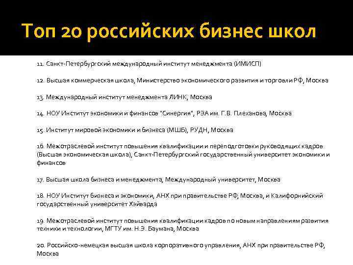 Топ 20 российских бизнес школ 11. Санкт-Петербургский международный институт менеджмента (ИМИСП) 12. Высшая коммерческая