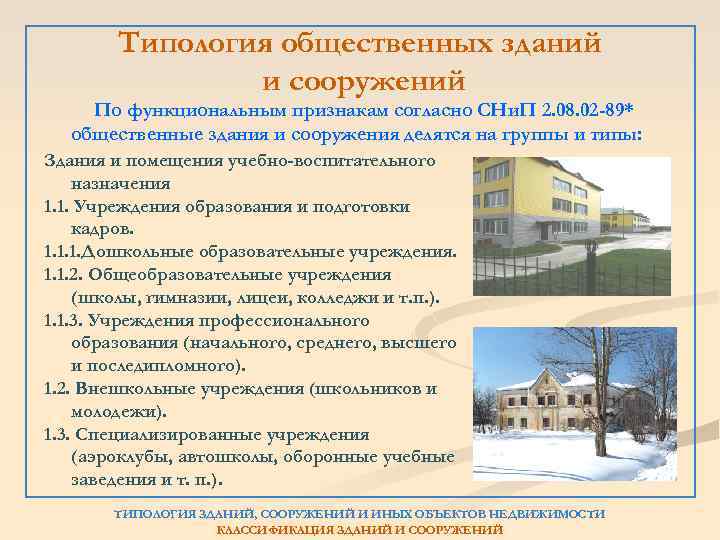 Типология общественных зданий и сооружений По функциональным признакам согласно СНи. П 2. 08. 02