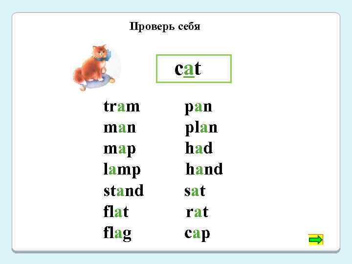 Проверь себя cat tram man map lamp stand flat flag pan plan had hand