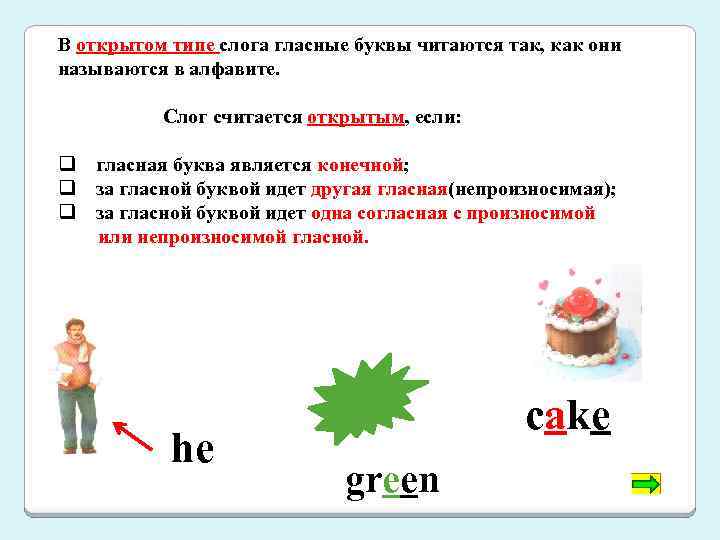 В открытом типе слога гласные буквы читаются так, как они называются в алфавите. Слог