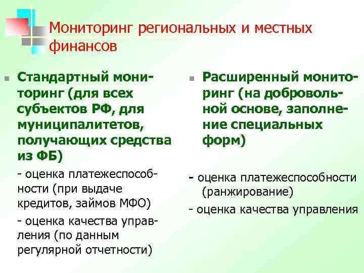 Мониторинг региональных и местных финансов n Стандартный мониторинг (для всех субъектов РФ, для муниципалитетов,