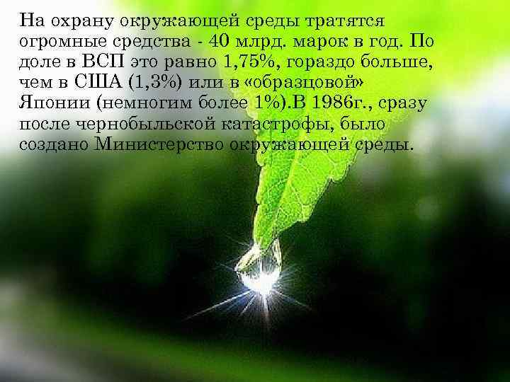 На охрану окружающей среды тратятся огромные средства - 40 млрд. марок в год. По