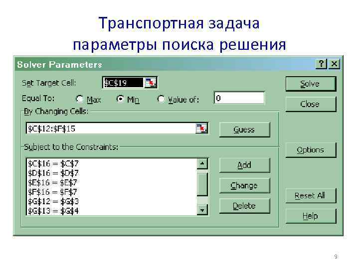 Параметры задач проекта