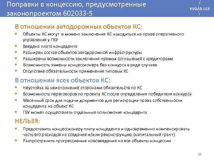 Поправки в концессию, предусмотренные законопроектом 602033 -5 В отношении автодорожных объектов КС: § §