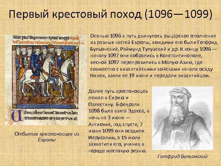 Первый крестовый поход (1096— 1099) Осенью 1096 в путь двинулось рыцарское ополчение из разных