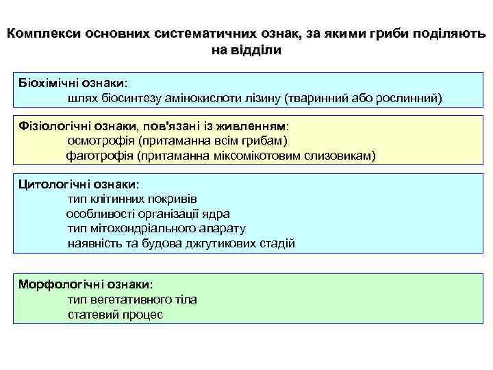 Комплекси основних систематичних ознак, за якими гриби поділяють на відділи Біохімічні ознаки: шлях біосинтезу