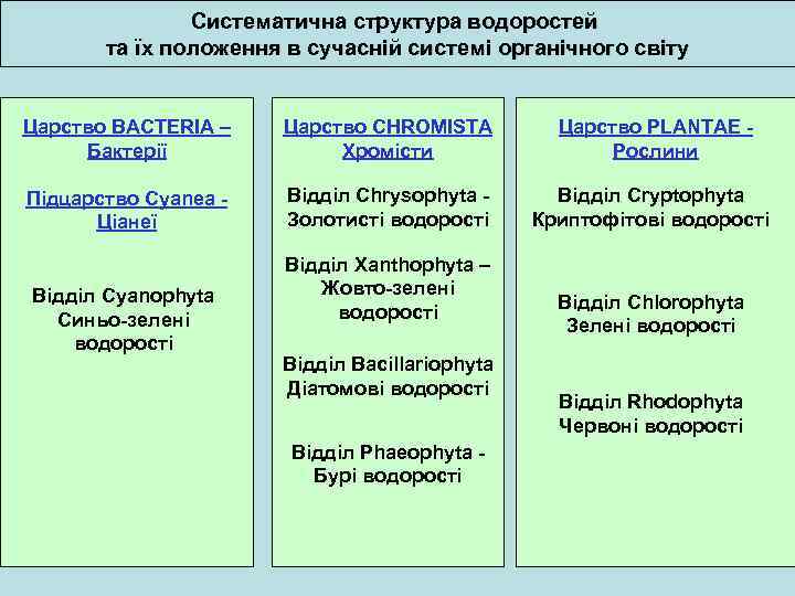 Систематична структура водоростей та їх положення в сучасній системі органічного світу Царство BACTERIA –