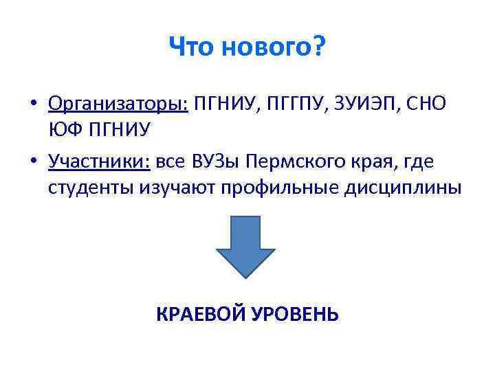 Что нового? • Организаторы: ПГНИУ, ПГГПУ, ЗУИЭП, СНО ЮФ ПГНИУ • Участники: все ВУЗы