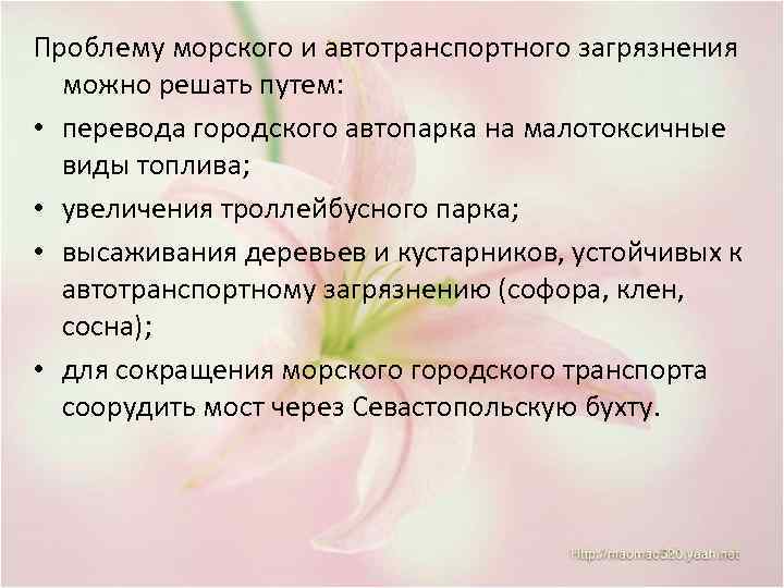 Проблему морского и автотранспортного загрязнения можно решать путем: • перевода городского автопарка на малотоксичные