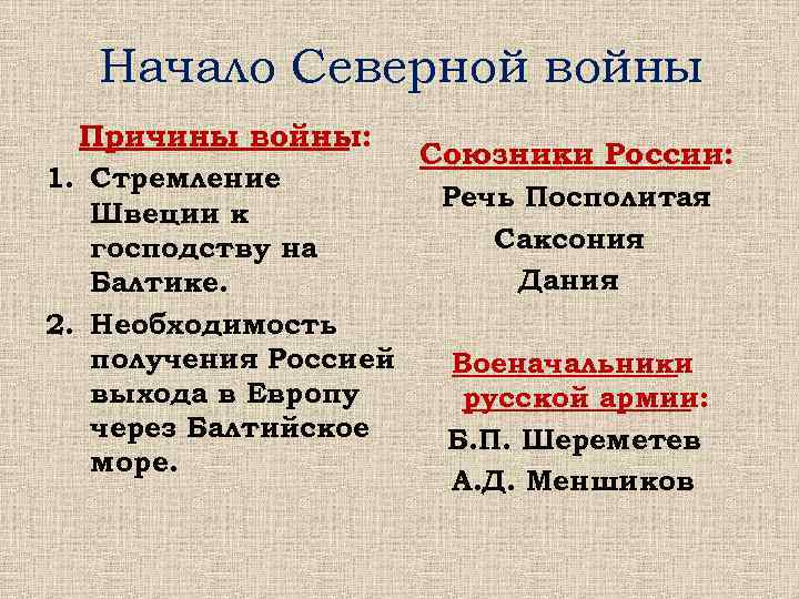 Начало Северной войны Причины войны: 1. Стремление Швеции к господству на Балтике. 2. Необходимость