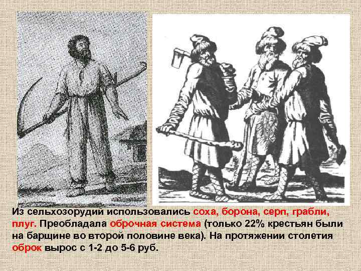 Из сельхозорудий использовались соха, борона, серп, грабли, плуг. Преобладала оброчная система (только 22% крестьян