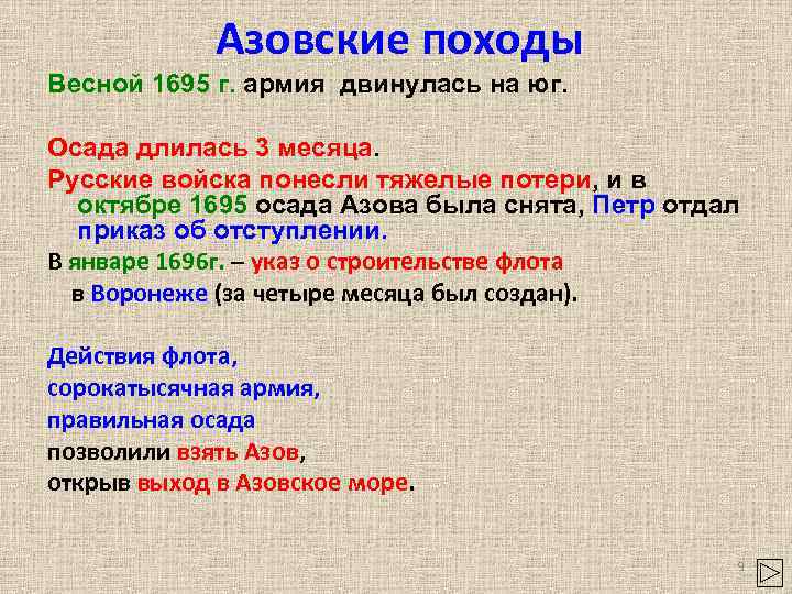 Азовские походы Весной 1695 г. армия двинулась на юг. Осада длилась 3 месяца. Русские